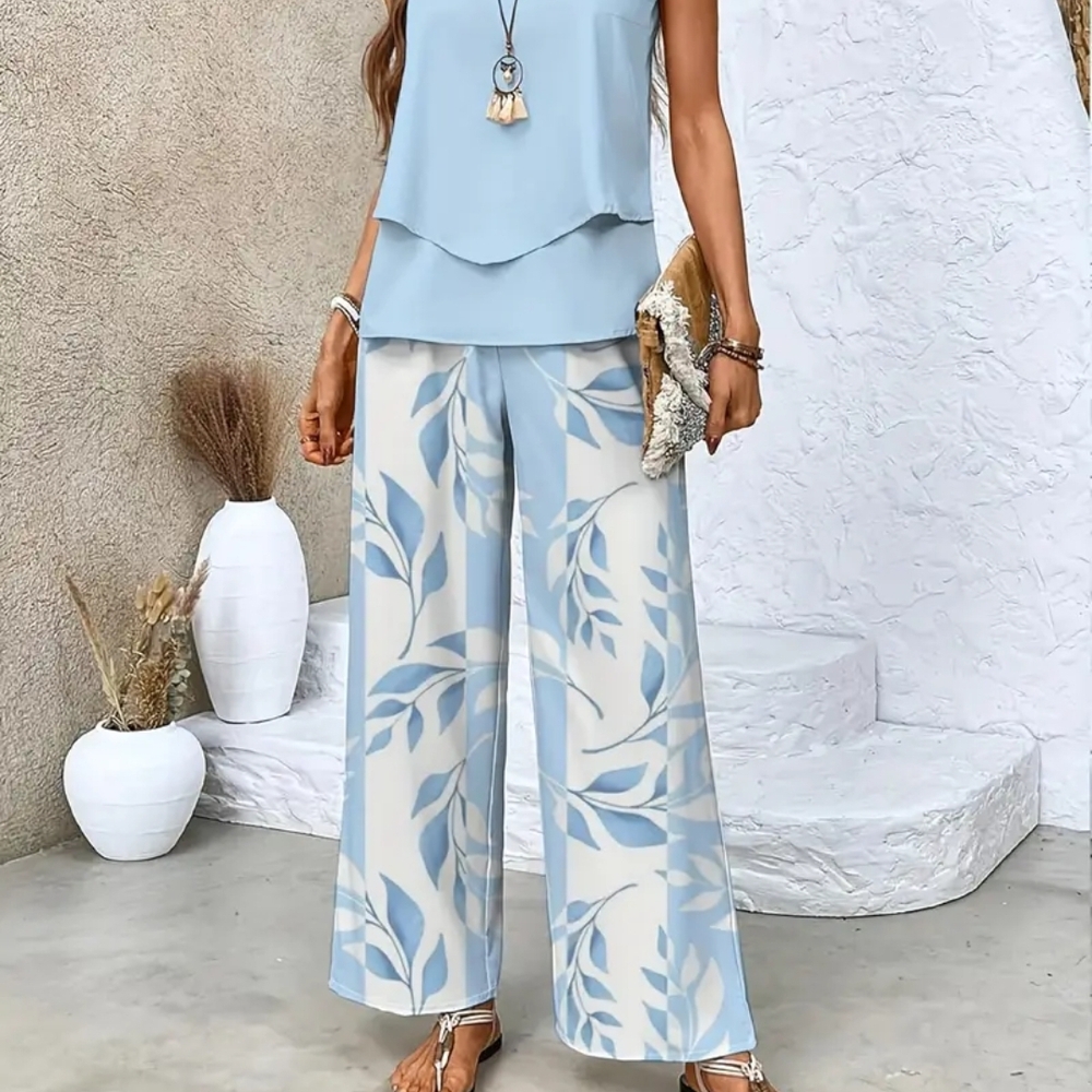 Elegant Blue Leaf Print Women's Pants